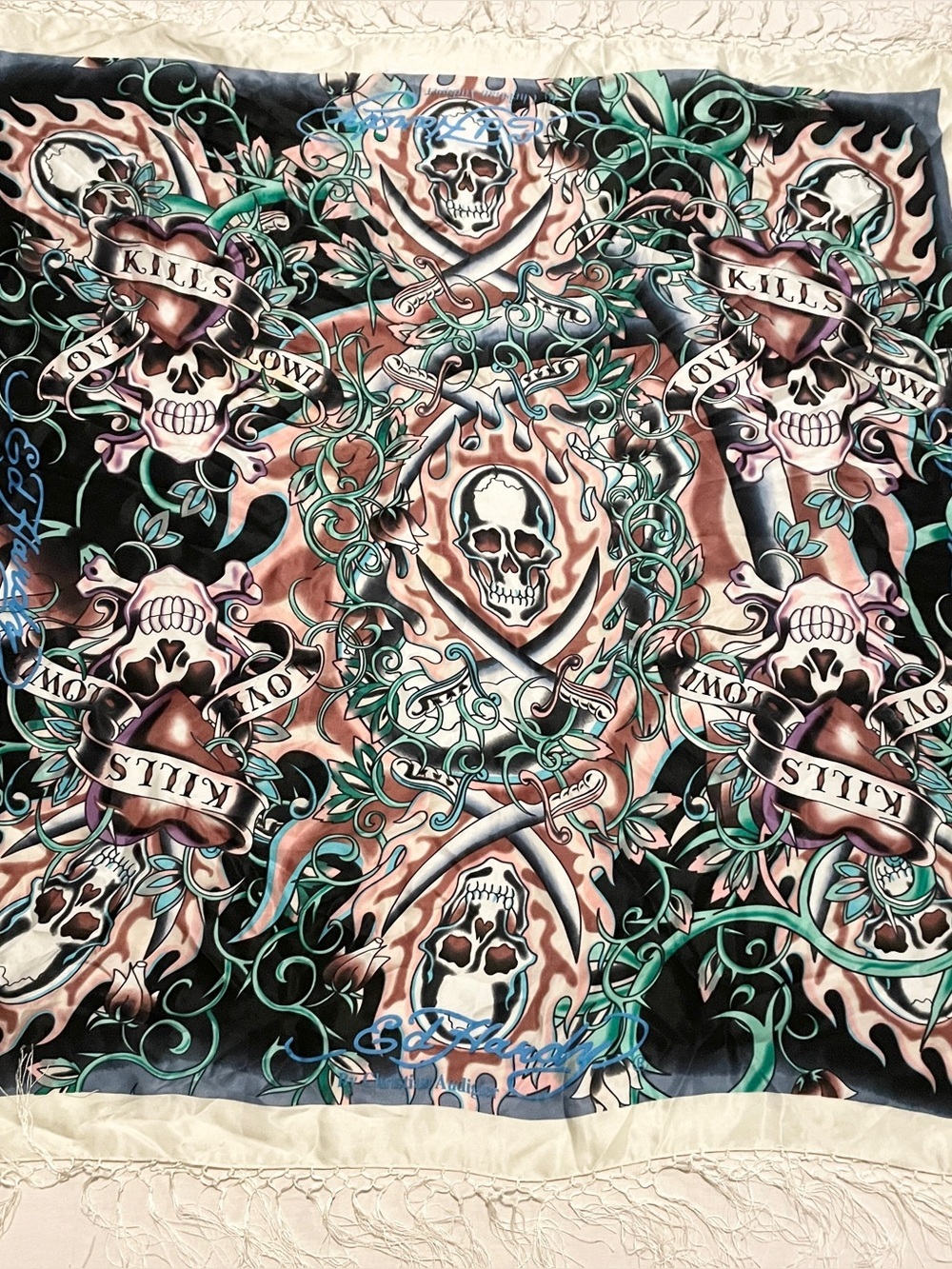 VTG Ed Hardy Christian Audigier Love Kills Slowly Fringe Silk Scarf Shawl - Picture 2 of 16